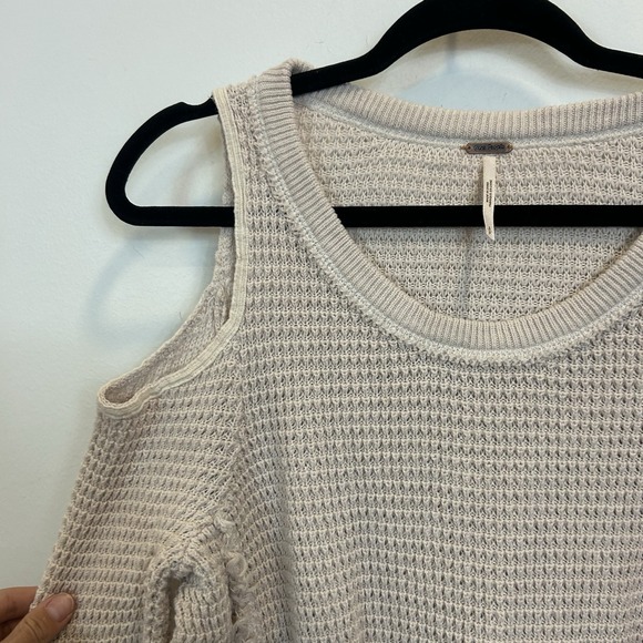 Free People Sunrise Small Cold Shoulder Tunic Sweater Beige Waffle Knit - Picture 5 of 11